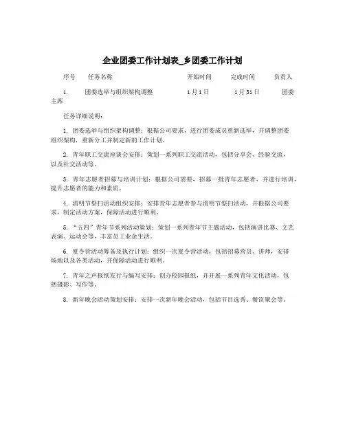 企业团委工作计划表_乡团委工作计划