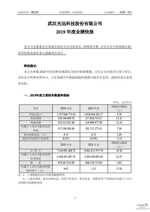光迅科技：2019年度业绩快报