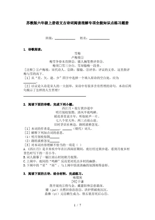 苏教版六年级上册语文古诗词阅读理解专项全能知识点练习题册