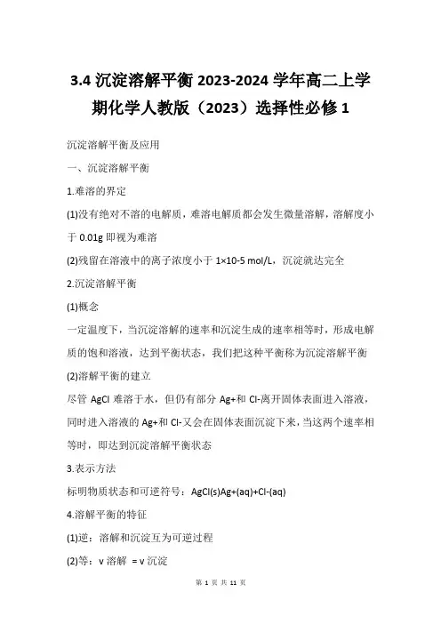3.4沉淀溶解平衡2023-2024学年高二上学期化学人教版(2023)选择性必修1