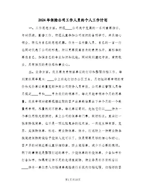2024年保险公司工作人员的个人工作计划（五篇）