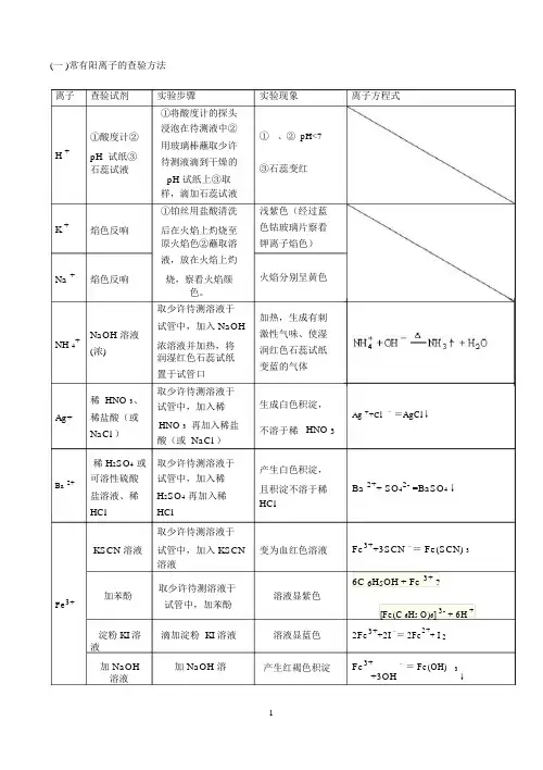 (完整版)高中化学常见离子检验大全