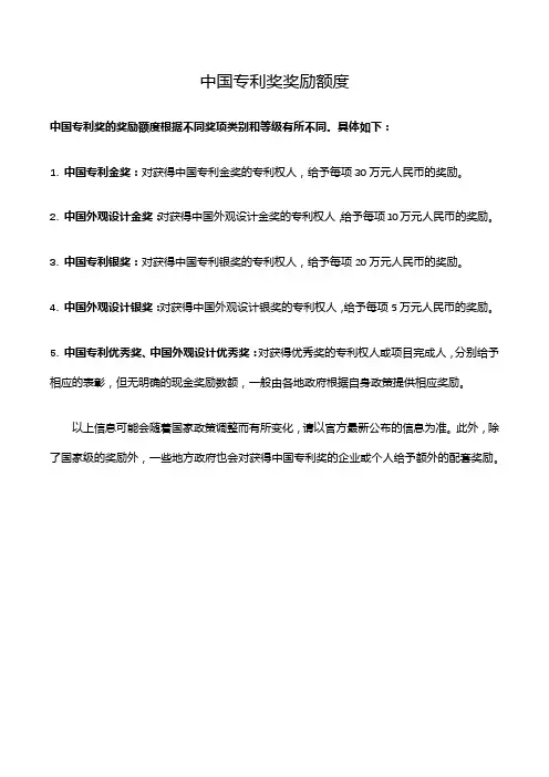 中国专利奖奖励额度
