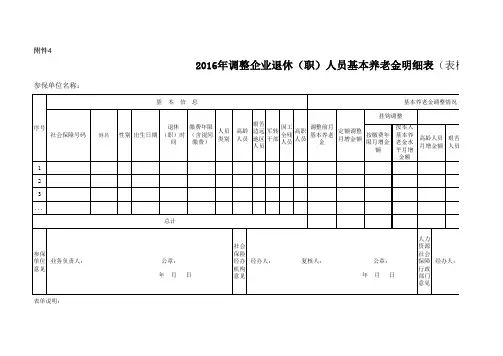 2016年调整企业退休(职)人员基本养老金明细表(表样)