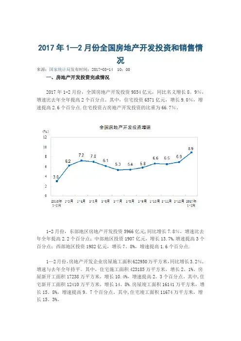 2017年1-2月份全国房地产开发投资和销售情况