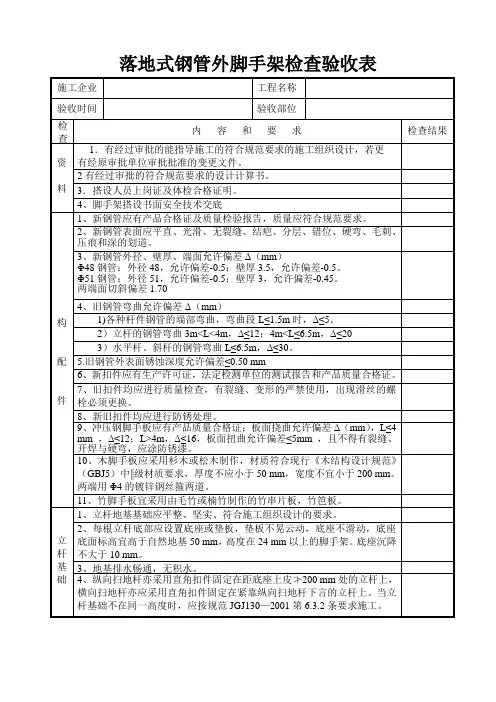 落地式钢管外脚手架检查验收表