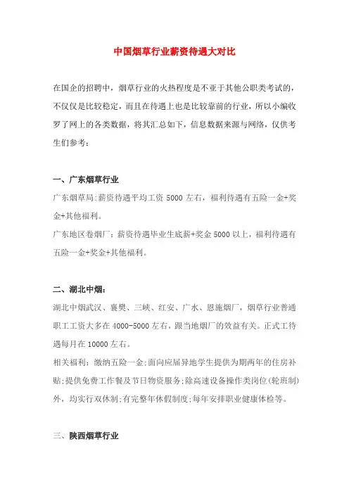 烟草行业薪资待遇大对比