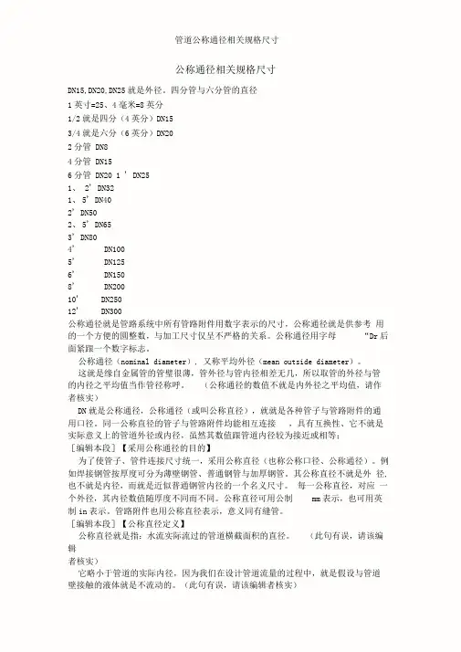管道公称通径相关规格尺寸