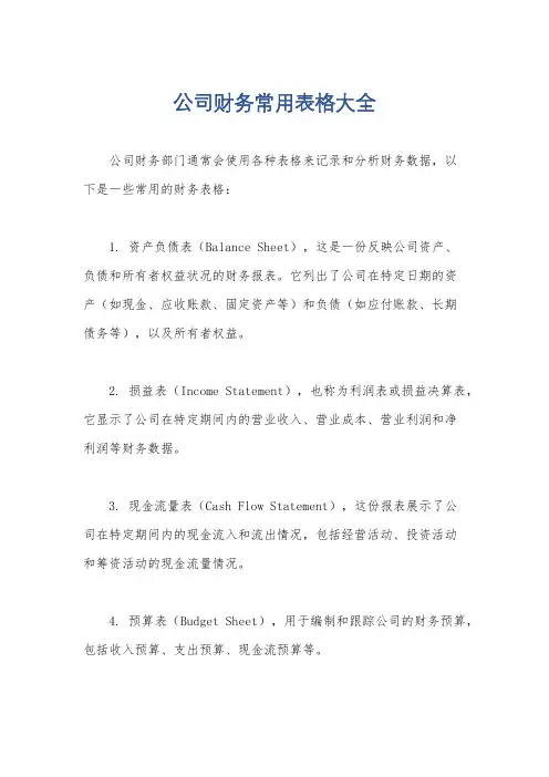公司财务常用表格大全