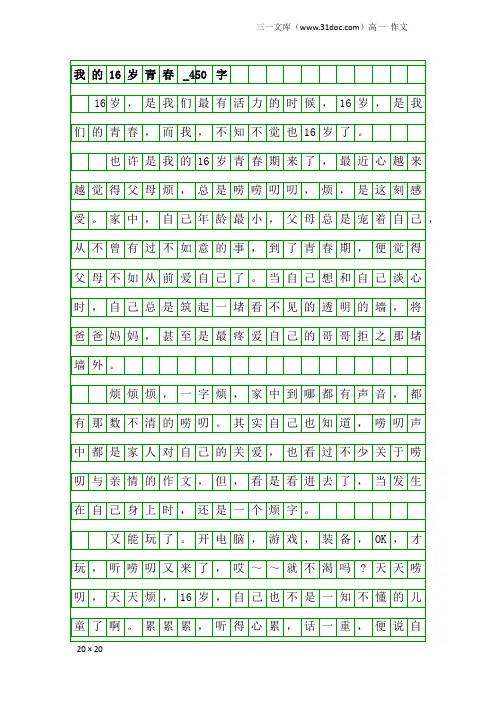 高一作文：我的16岁青春_450字