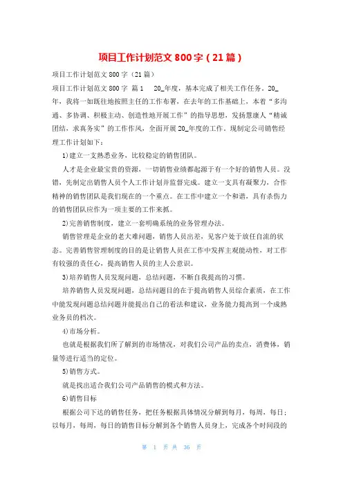 项目工作计划范文800字(21篇)