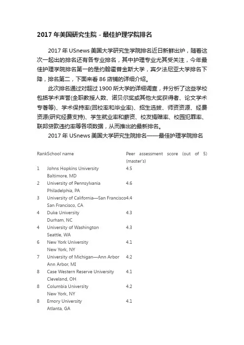 2017年美国研究生院－最佳护理学院排名
