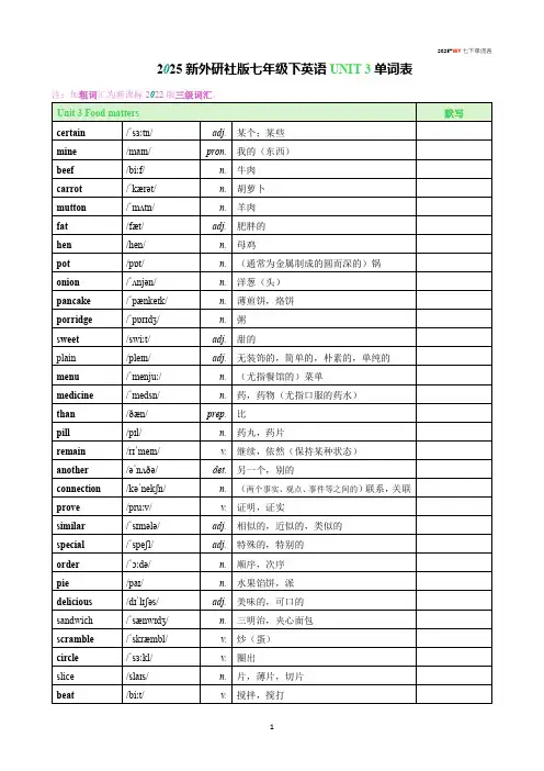 2025新外研社版英语七年级下Unit 3 Food matters单词表