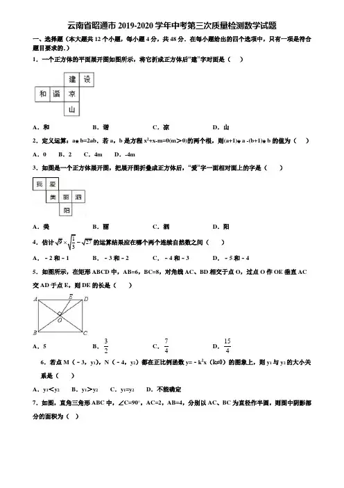 云南省昭通市2019-2020学年中考第三次质量检测数学试题含解析