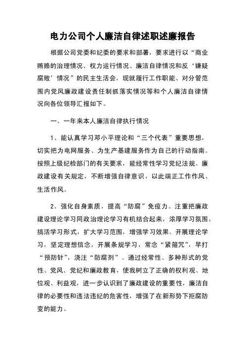 电力公司个人廉洁自律述职述廉报告