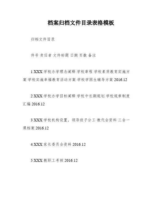 档案归档文件目录表格模板