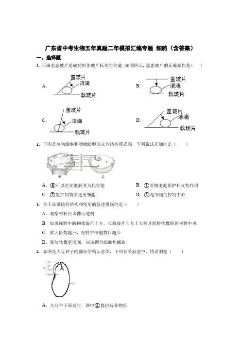 中考生物细胞知识点专题模拟含参考答案精选5篇