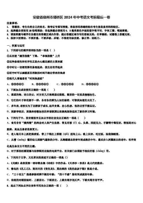 安徽省宿州市埇桥区2024年中考语文考前最后一卷含解析