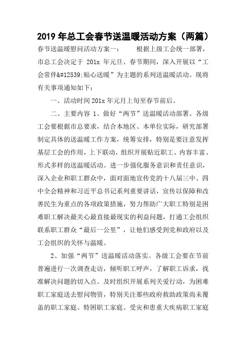2019年总工会春节送温暖活动方案(两篇)