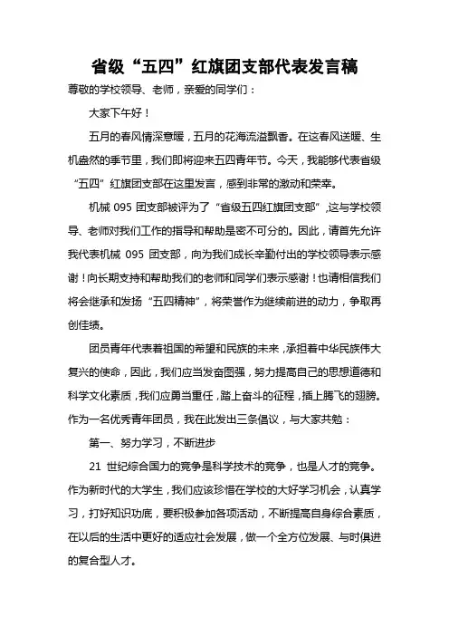 省级五四红旗机械095团支部五四表彰大会发言稿