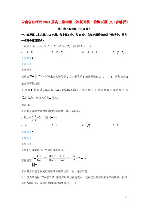 云南省红河州2021届高三数学第一次复习统一检测试题 文(含解析)