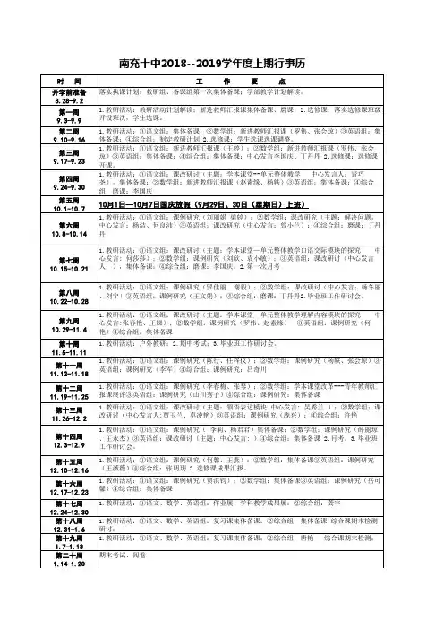 南充十中2018-2019学年度上期行事历