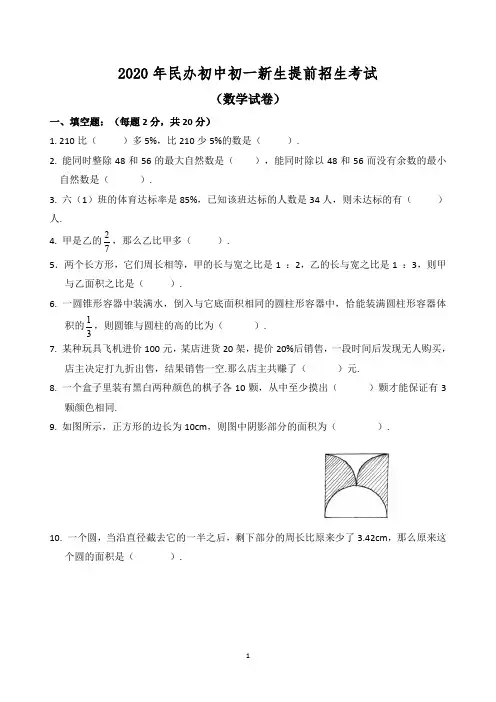 2020年民办中学小升初提前招生考试语文数学整套试卷及答案9