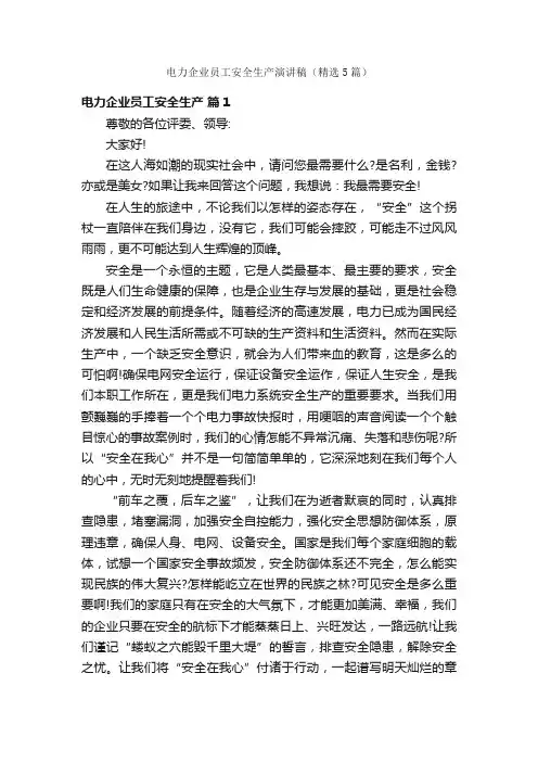 电力企业员工安全生产演讲稿（精选5篇）