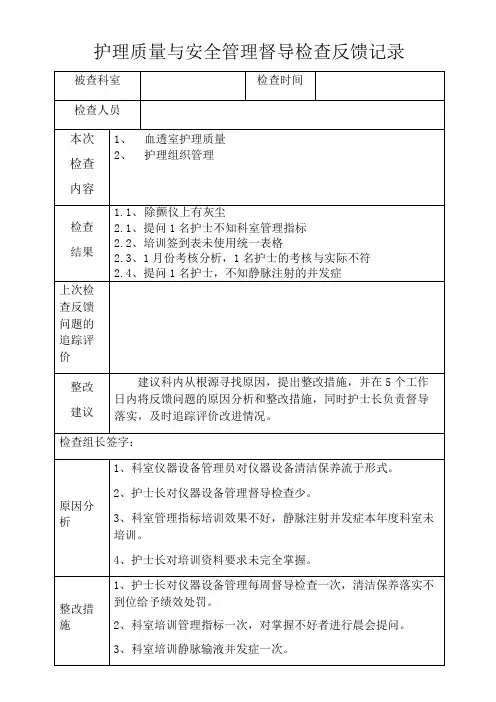 护理质量与安全管理督导检查反馈记录