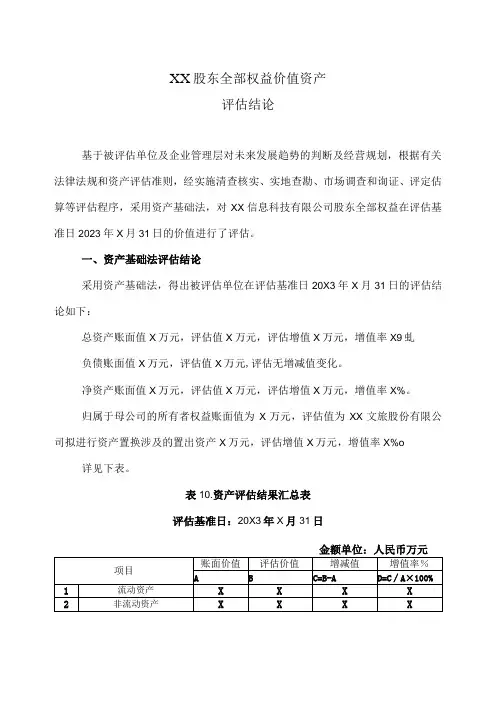 XX股东全部权益价值资产评估结论2023年)