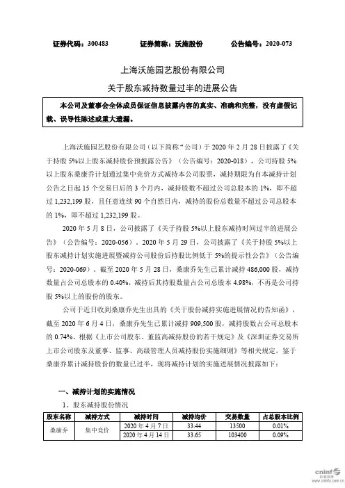 沃施股份：关于股东减持数量过半的进展公告