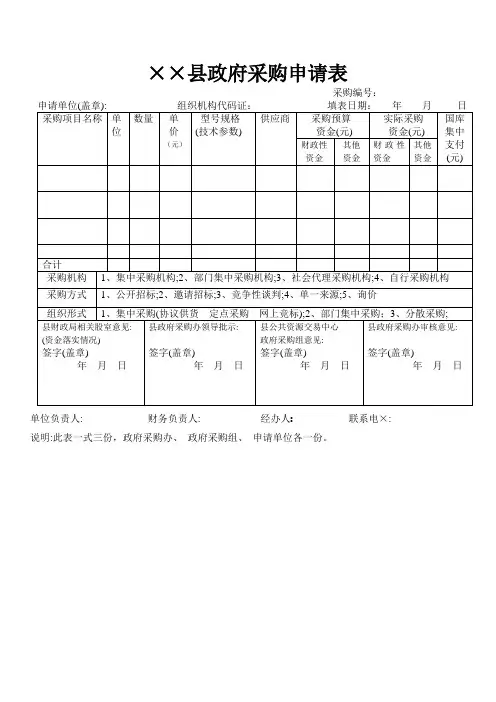 县政府采购申请表参考模板范本