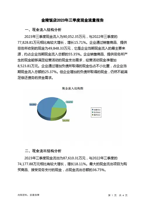 601007金陵饭店2023年三季度现金流量报告