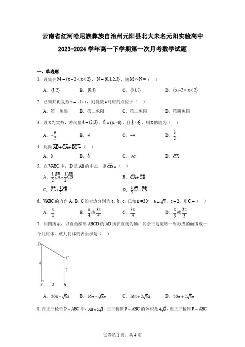云南省红河哈尼族彝族自治州元阳县北大未名元阳实验高中2023-2024学年高一下学期第一次月考数学试