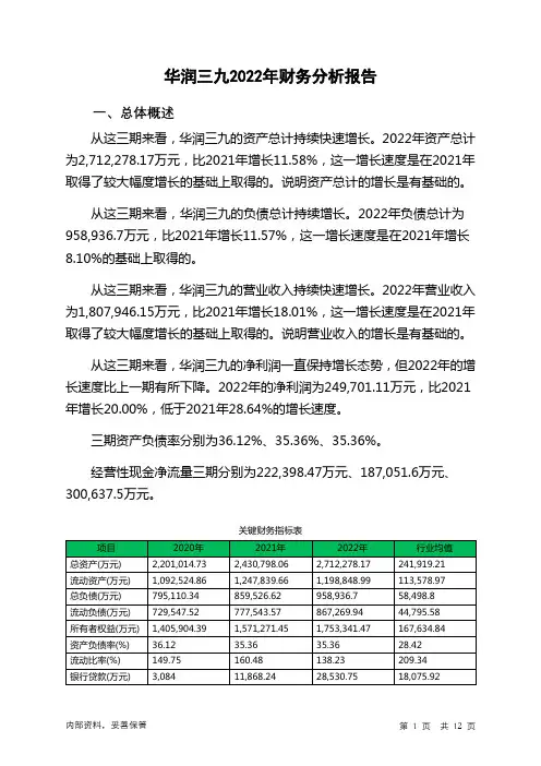 000999华润三九2022年财务分析报告-银行版