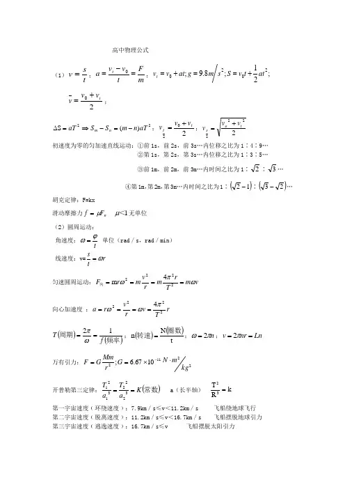 高中物理公式大全之完整版