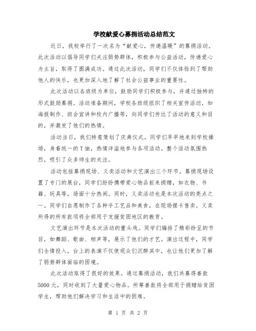 学校献爱心募捐活动总结范文