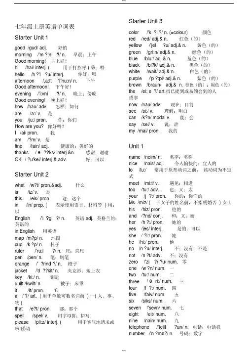 七年级上册英语单词表(带音标)