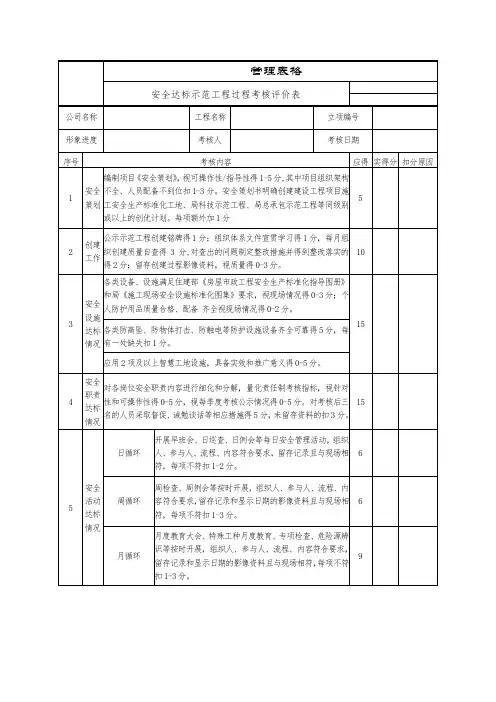 安全达标示范工程过程考核评价表