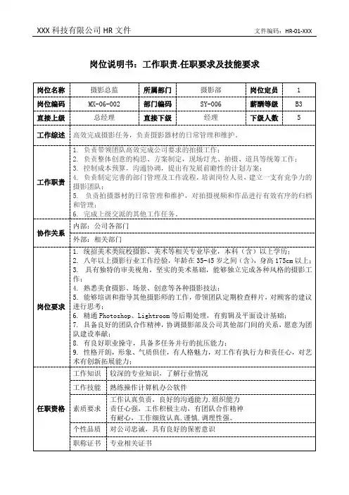 摄影总监岗位说明书工作职责和任职要求