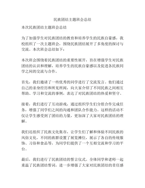 民族团结主题班会总结