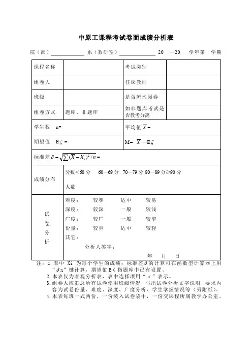学院课程考试卷面成绩分析表