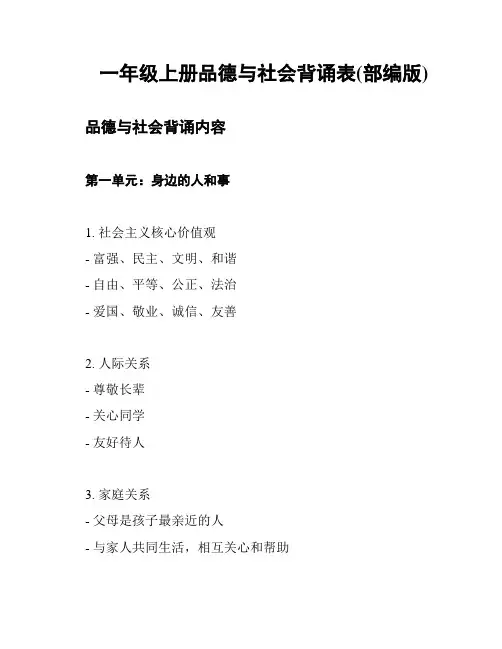 一年级上册品德与社会背诵表(部编版)