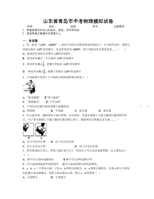 最新山东省青岛市中考物理模拟试卷及解析