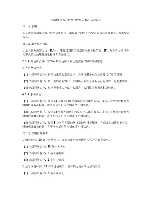 移动集团客户网络分级服务SLA规范范本