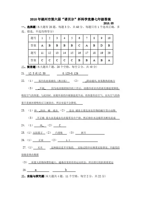 2010年湖州市第六届“诺贝尔”杯科学竞赛七年级答案