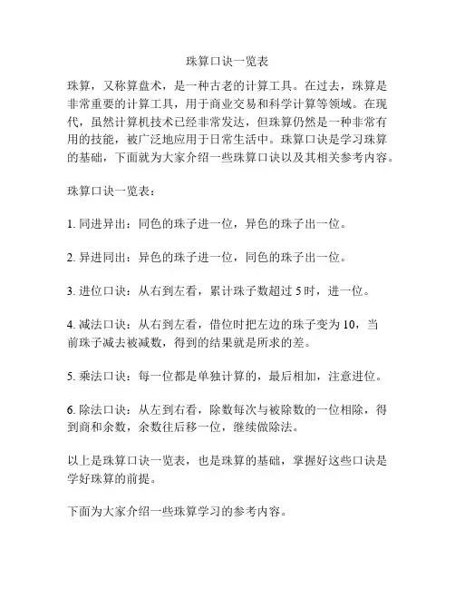 珠算口诀一览表