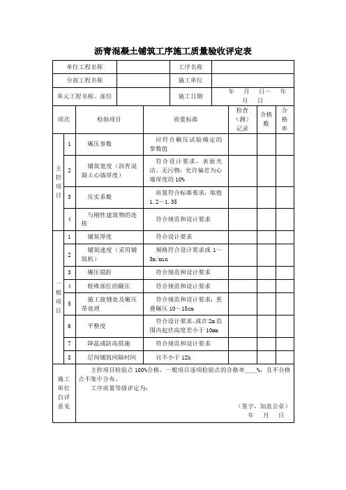 沥青混凝土铺筑工序施工质量验收评定表