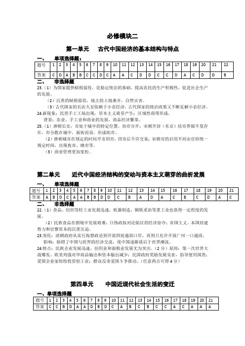 历史必修模块二参考答案