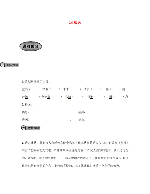 七年级语文上册 14秋天导学案(无答案) 新人教版